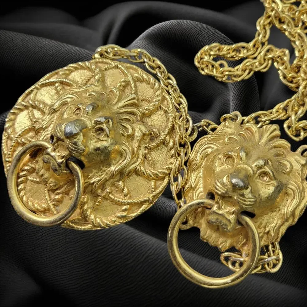Vintage Double Lion Door Knocker Necklace Costume Jewelry Gold Pendant Statement